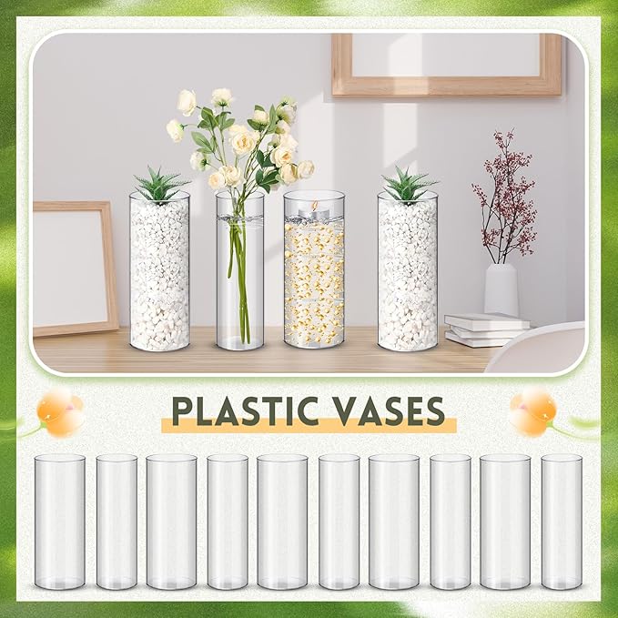 Nuogo 24 Pcs 10 Inch Acrylic Clear Cylinder Vase Plastic Flower Vase Unbreakable Tall for Wedding Centerpieces Party Home Plants Bouquet Decor