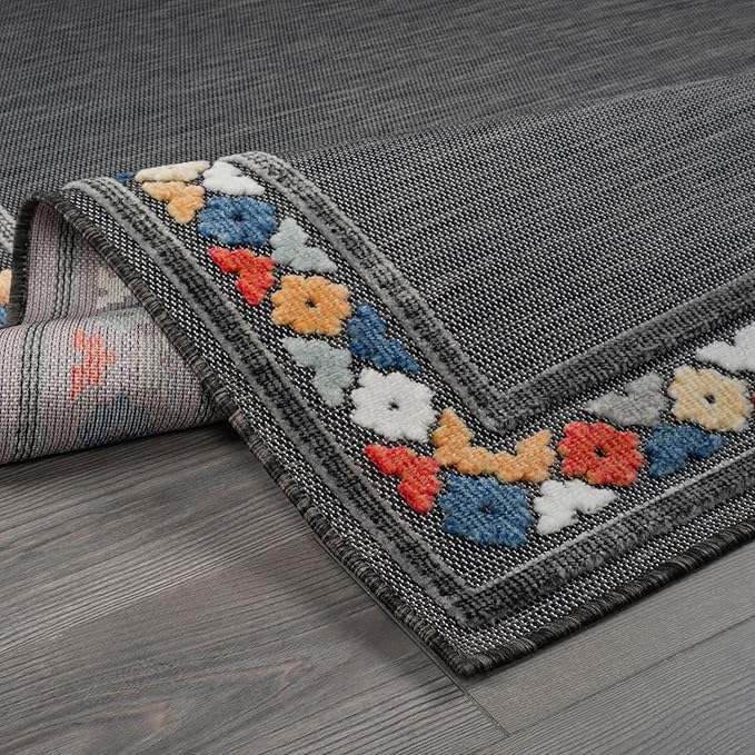Beverly Rug Outdoor Rug 4x6 Modern Bordered Area Rugs for Indoor and Outdoor Patio Easy to Clean Non Shedding Living Room Porch Garden Washable Outside Carpet (4 x 6 Dark Gray)