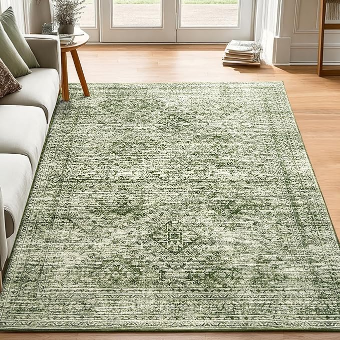 MIULEE 5x7 Vintage Living Room Rug Washable Area Rugs Low Pile Floor Mat for Bedroom Dining Room Non-Slip Stain Resistant Soft Indoor Carpet for Home Decor, Green