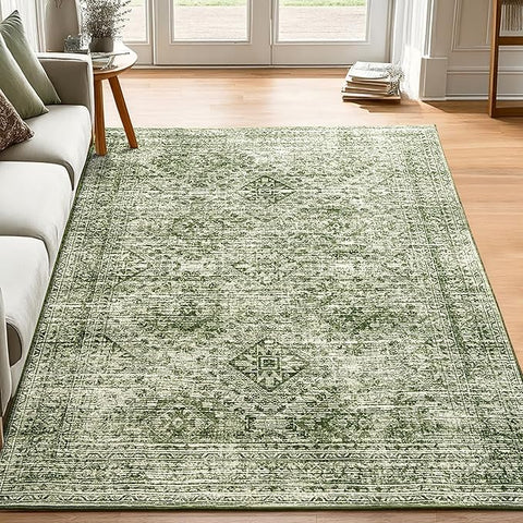 MIULEE 5x7 Vintage Living Room Rug Washable Area Rugs Low Pile Floor Mat for Bedroom Dining Room Non-Slip Stain Resistant Soft Indoor Carpet for Home Decor, Green