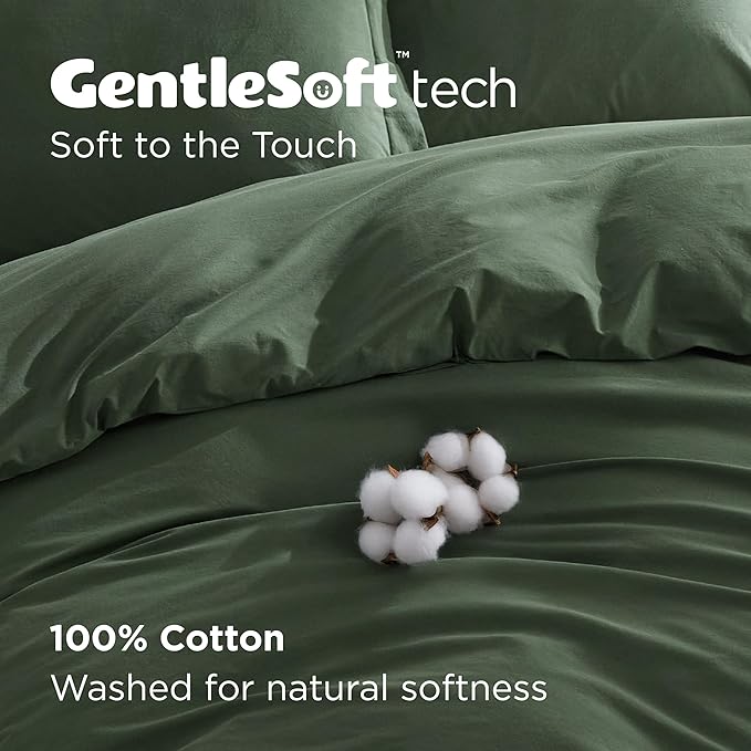 Bedsure 100% Washed Cotton Duvet Cover Oversized King - Olive Green Minimalist Duvet Cover Linen Like - GentleSoft™ Plain Simple Bedding, 3 Pieces (Olive Green, Oversized King, 120"x98")