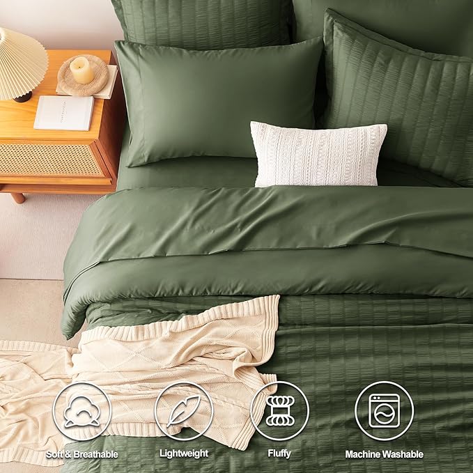 CozyLux Full Size Comforter Sets with Sheets Seersucker 7 Pieces Olive Green Bed in a Bag Textured Luxury Soft Bedding Set with Down Alternative Comforter, Sheets, Pillowcases & Shams for All Seasons