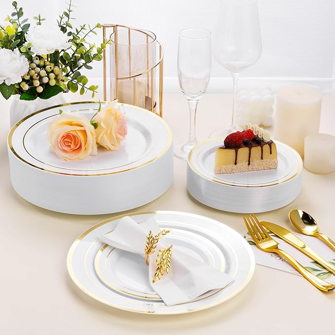 100PCS White Plastic Plates for Party, 7 Inch Heavy Duty Dinner Plates with Gold Rim, Disposable Plates for Wedding and Birthday