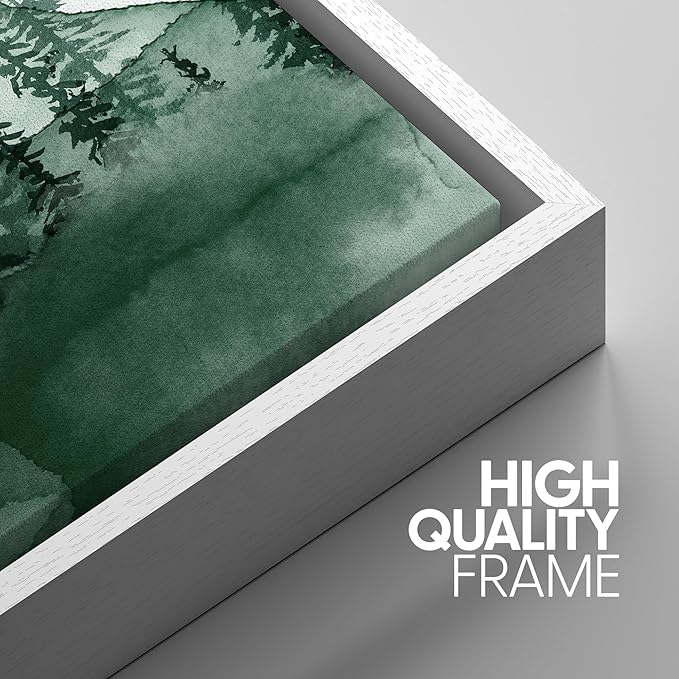 SIGNWIN 3 Piece Framed Canvas Wall Art Green Watercolor Landscape with Moon Nature Wilderness Illustrations Abstract Traditional Home Artwork Decoration for Living Room,Bedroom - 24"x36"x3 White