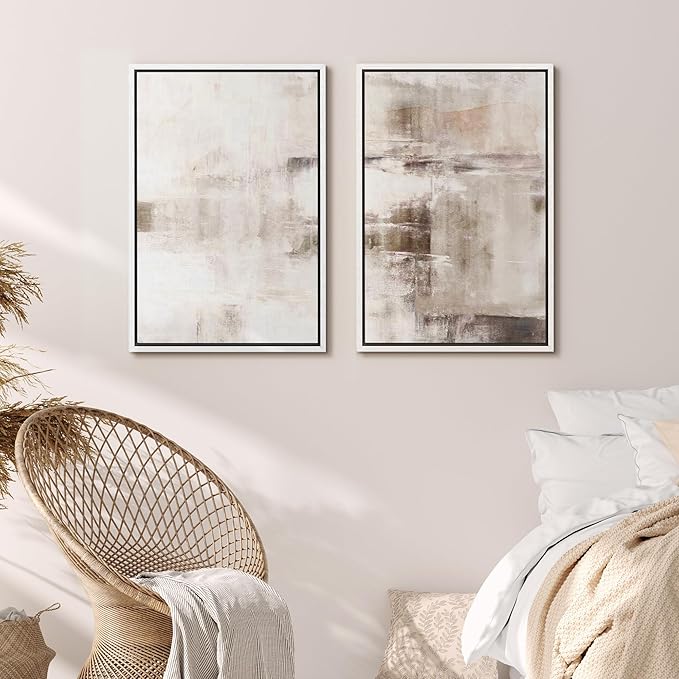 MUDECOR Framed Canvas Print Wall Art Set Abstract Lake and Mountain Serene Landscape Illustrations Modern Art Decorative Bohemian Calm/Zen for Living Room, Bedroom, Office - 24"x36"x2 White