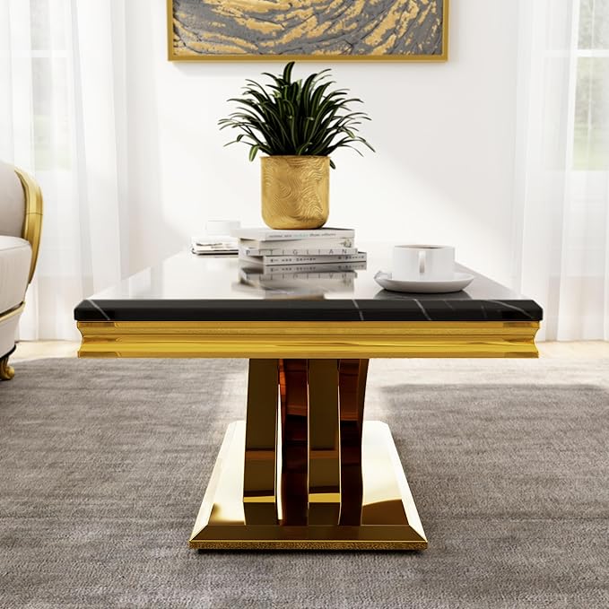 AUZ 48“ Black and Gold Coffee Table for Living Room, Guest Hall, Luxury Rectangle Center Table with Polished Metal Base