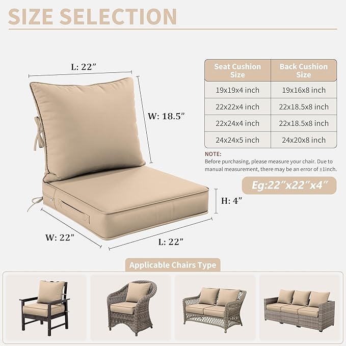 Premium Outdoor Seat Cushion Chair Cushions for Patio Furniture 22 L X 22 W X 4 H Waterproof & Fade Resistant Deep Seat and Backrest Cushion Set with Removable Covers for Chair, Sofa