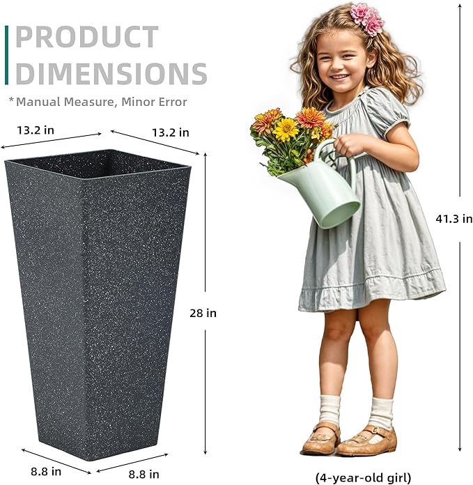 28" Tall V-Shaped Planters Set of 2, Oversized Plastic Flower Pots for Garden Patio Porch or Indoor Home Decor, Weather-Resistant Outdoor Planter Boxes, Hand-Painted Black Terrazzo-Look