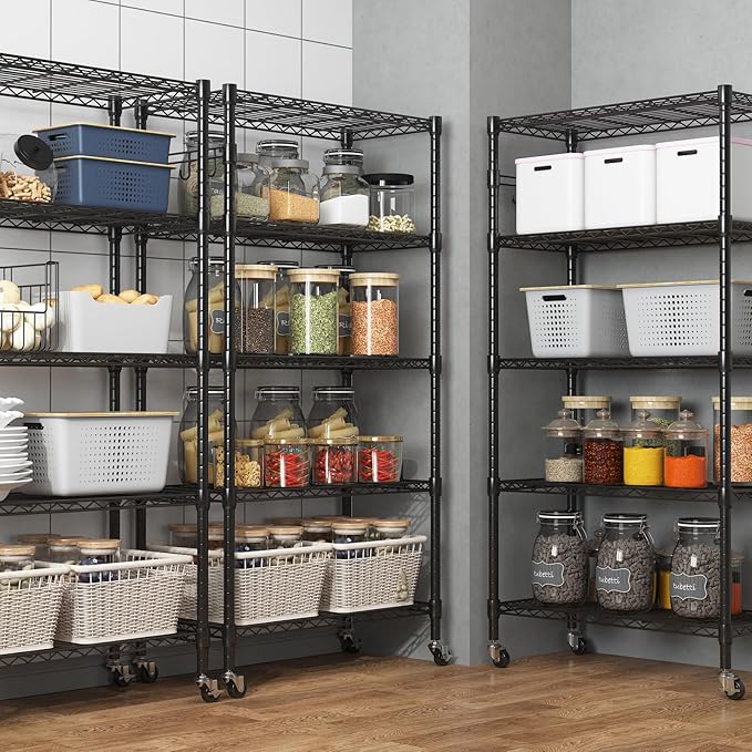 Homdox 5 Tier Metal Storage Shelves with Wheels, Heavy Duty Wire Shelving Unit, Adjustable Storage Racks with Side Hooks for Bathroom Kitchen Garage Pantry Organization, Black
