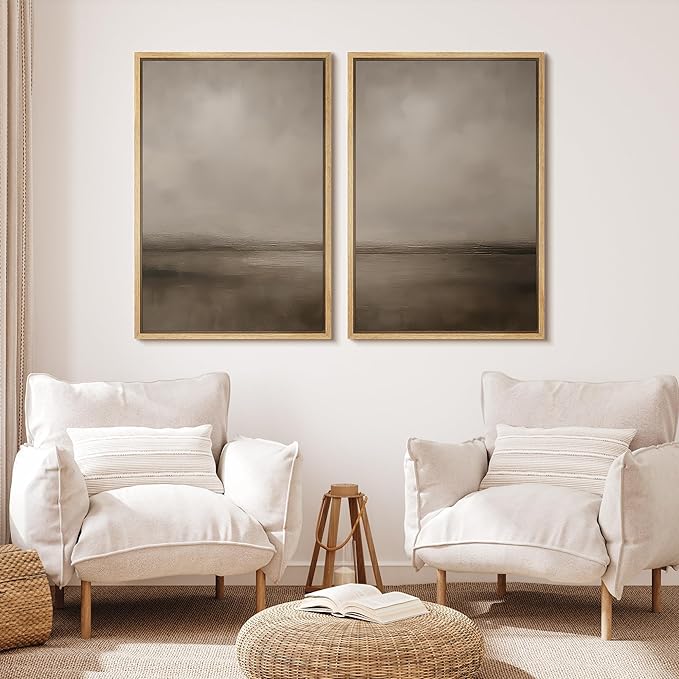 MUDECOR Framed Canvas Print Wall Art Abstract Brown and Taupe Modern Minimalist Misty Landscape Illustrations Modern Art Decorative Bohemian for Living Room, Bedroom, Office - 24"x36"x2 Natural