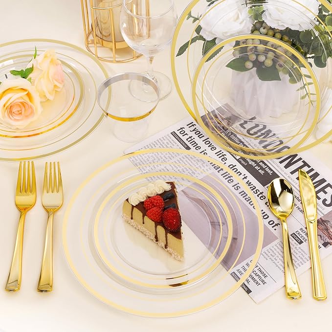 100PCS Clear Plastic Plates for Party, 10.25 Inch Heavy Duty Dinner Plates with Gold Rim, Disposable Plates for Wedding and Birthday