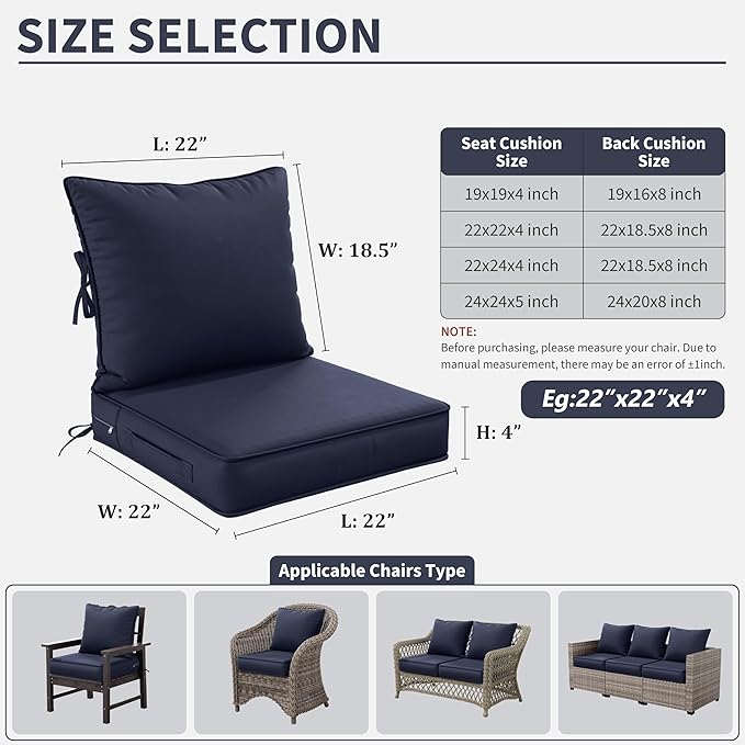 Premium Outdoor Seat Cushion Chair Cushions for Patio Furniture 22 L X 22 W X 4 H Waterproof & Fade Resistant Deep Seat and Backrest Cushion Set with Removable Covers for Chair, Sofa