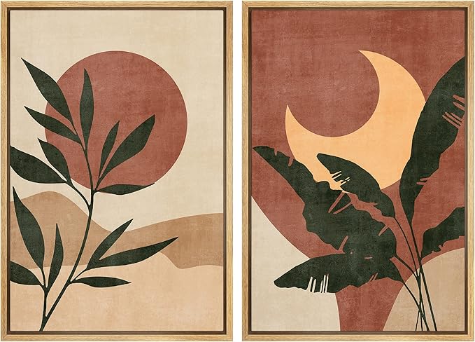 SIGNFORD Framed Canvas Print Wall Art Set Sun & Moon Mid-Century Desert Plants Abstract Shapes Illustration Modern Art Decorative Nordic Nature for Living Room, Bedroom, Office - 16"x24"x2 Natural