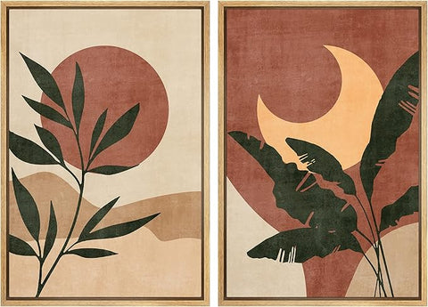 SIGNFORD Framed Canvas Print Wall Art Set Sun & Moon Mid-Century Desert Plants Abstract Shapes Illustration Modern Art Decorative Nordic Nature for Living Room, Bedroom, Office - 16"x24"x2 Natural