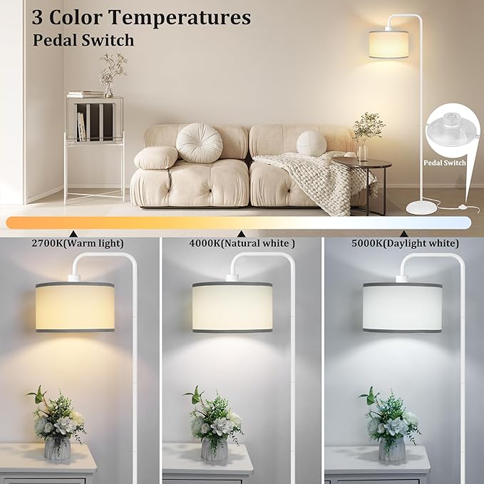 [Upgraded] LED Floor Lamp for Living Room, 3 Color Temperature Floor Lamp with Foot Switch Modern Standing Lamp Tall Pole Floor Reading Lamp for Bedroom, Study Room, Office, 9W Bulb Included, White