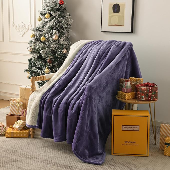 WOOMER Electric Heated Blanket King Size, Soft Flannel Fast Heating Blanket, Purple Color, 90"x 100", 10 Heating Levels & 0.5-12H Auto Off, Over-Heat Protection