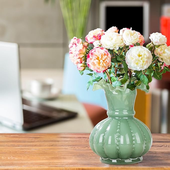 Joeyan Handmade Green Glass Flower Vase,7.9" Vintage Decorative Urn Vase for Centrepieces Bouquet Wedding,Colored Thickened Pedestal Vase Decorations for Rustic Home Living Room Office Farmhouse