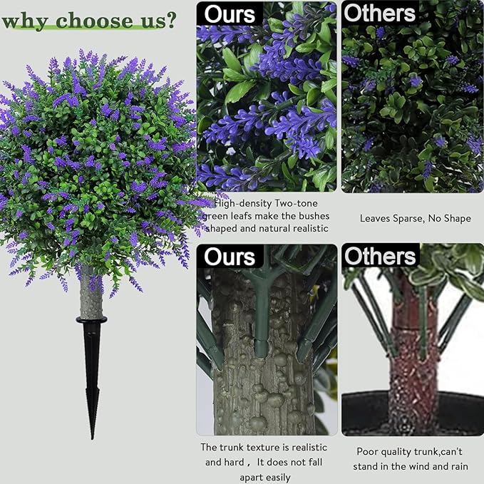 Artificial Lavender Topiary Realistic Faux Shrubs, UV Resistant Fake Plants Trees for Outdoor Front Porch Yard Landscaping Decor-2 Pack