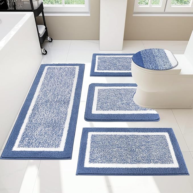 Pauwer Bathroom Rugs Set 5 Piece, Plush Absorbent Microfiber Bath Mats for Bathroom, Non Slip Washable Bath Rug Set with U Shaped Contour Toilet Rugs, Shower Rug and Toilet Lid Cover, Blue