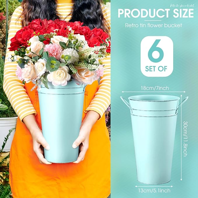 Irenare 12 Inch Vintage Galvanized Flower Bucket Metal Flower Vase Farmhouse French Bucket Planter Metal Floral Container for Party Table Centerpiece Weddings Home(Ice Blue,6 Pcs)