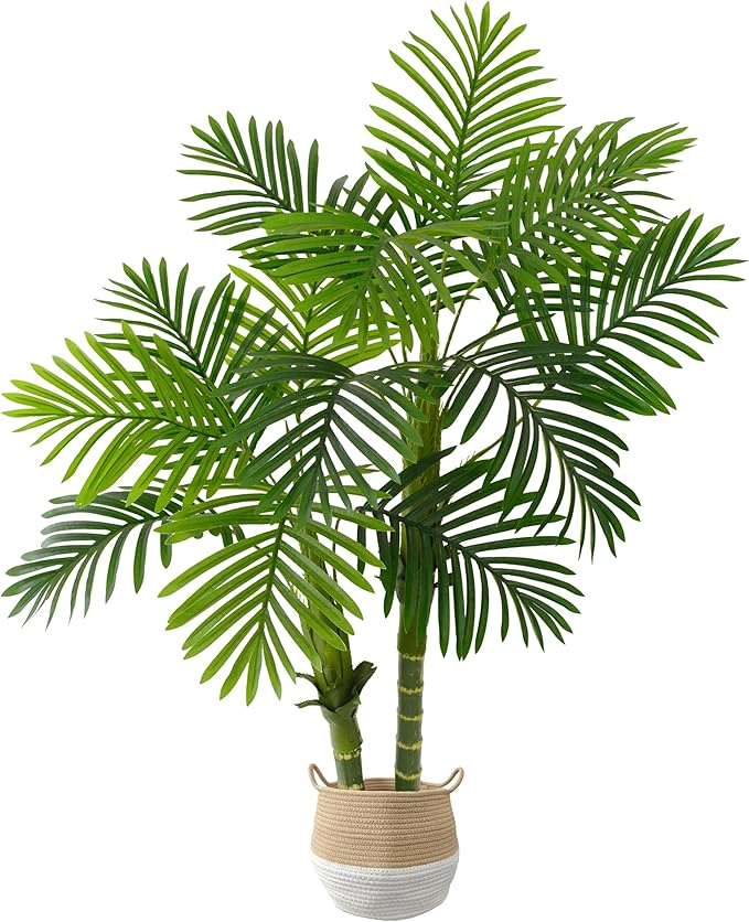 Artificial Palm Tree, 4ft Golden Cane Fake Palm Plant with Basket, Phoenix Palm UV Resistant Faux Plants for Indoor Outdoor Home Garden Patio Office Décor