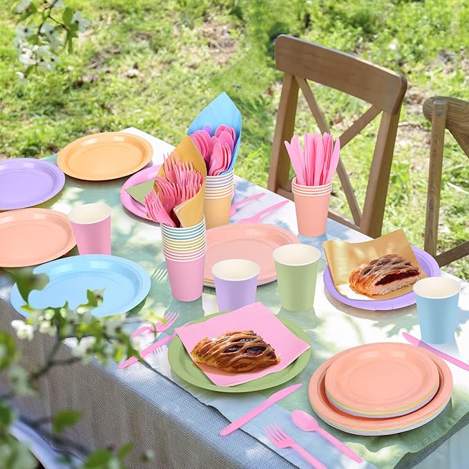Durony 216-Piece Pastel Rainbow Disposable Party Tableware Set - Serves 24 Guests - 7" & 9" Paper Plates, 9oz Cups, Napkins, Plastic Cutlery, Party Decorations