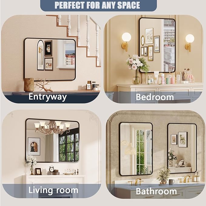 22×30 Black Bathroom Mirror for Over Sink - Rectangle Bathroom Vanity Mirror Wall Mounted with Matte Aluminum Frame & Rounded Corners, Shatterproof Tempered-Glass, Horizontal/Vertical