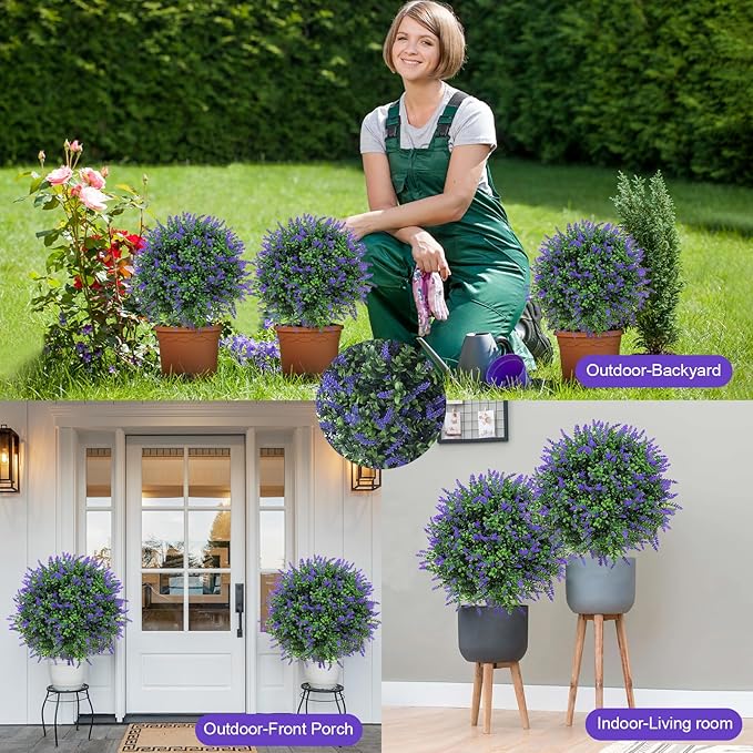 Artificial Lavender Topiary Realistic Faux Shrubs, UV Resistant Fake Plants Trees for Outdoor Front Porch Yard Landscaping Decor-2 Pack