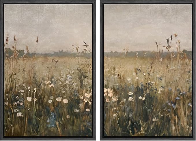 MUDECOR Framed Canvas Print Wall Art Set Golden Meadow Wildflowers Rustic Floral Field Landscape Illustrations Modern Art Decorative Bohemian Zen for Living Room, Bedroom, Office - 16"x24"x2 Black