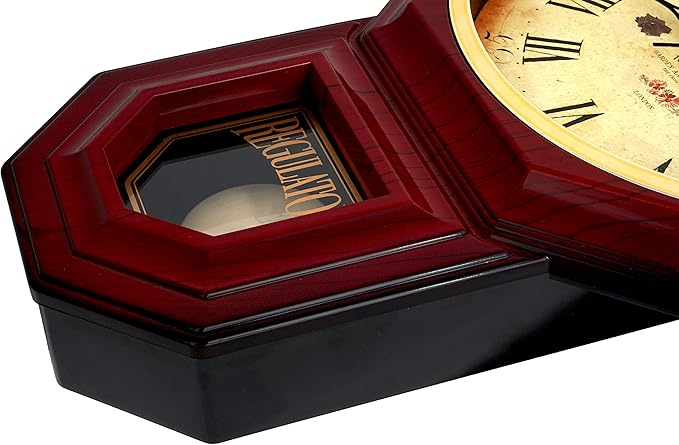 JUSTIME Traditional Schoolhouse Classic Vintage Rose Regulator Wall Clock, Chiming Wall Clocks with Pendulum & Westminster Chime Hourly, Schoolhouse Wall Decor Battery Operated (Red Mahogany)