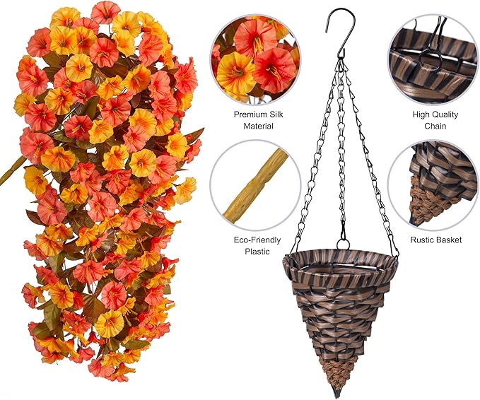 Artificial Fall Hanging Flowers Plants with Baskets for Outdoor Decoration,Fake Faux Silk Morning Glroy Flowers Arrangement Planter for Home Indoor Outside Porch Patio Decor