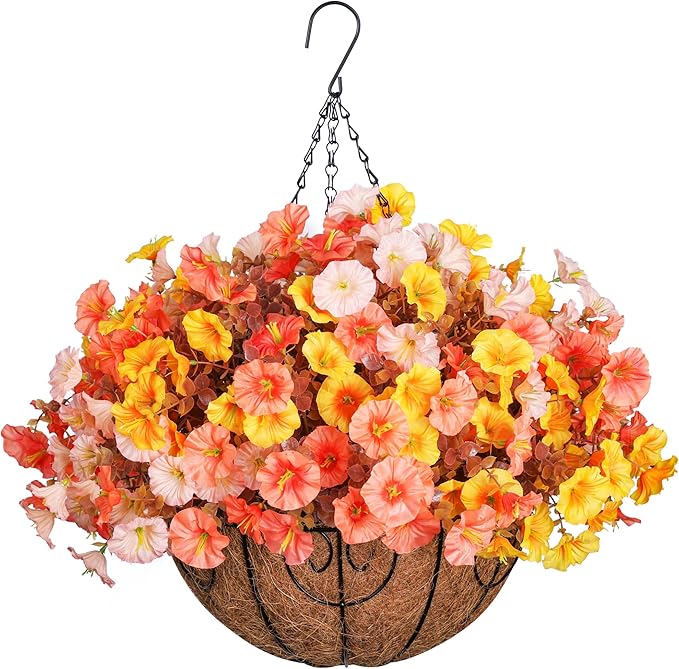 Artificial Fake Hanging Flowers with Basket for Fall Decoration, 12 Bundles Faux Silk Morning Glory Plants for Outdoor Planters, Realistic UV Resistant Artificial Flowers for Outside Porch Garden