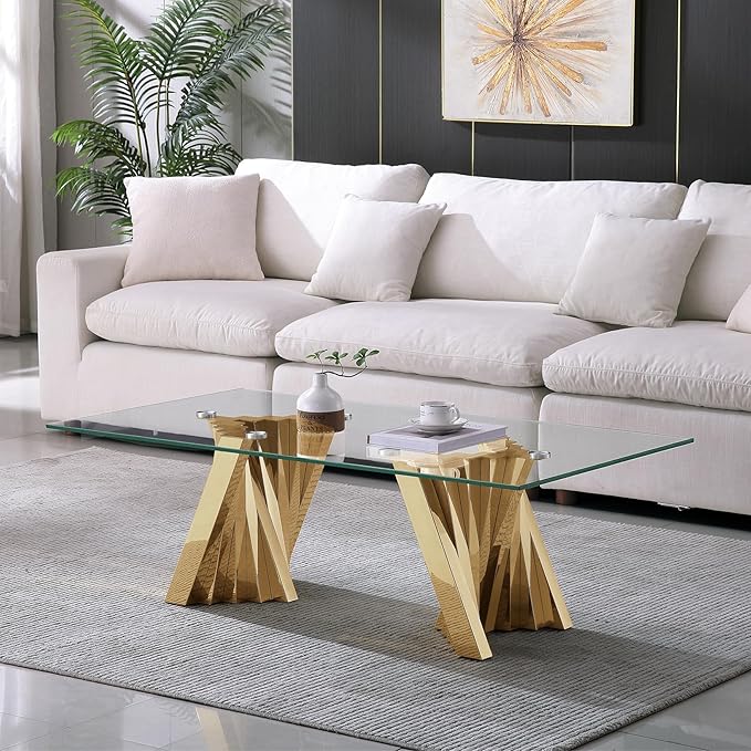 Glass 4 Piece Living Room Table Sets,4-Piece Table Set Includes 1 Glass Coffee Table and 1 Console Table and 2 End Tables with Stainless Steel Frame,Modern Coffee Table Set of 4 for Living Room