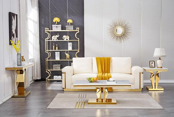 SSLine Modern White Faux Marble End Table Luxury Square Sofa Side Table with Gold Pedestal Base Mid-Century Elegant Bedside Table w/Mirrored Stainless Steel Frame for Living Room Bedroom