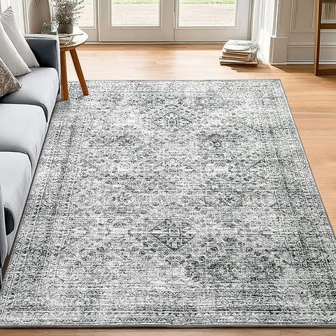 MIULEE 5x7 Vintage Living Room Rug Washable Area Rugs Low Pile Floor Mat for Bedroom Dining Room Non-Slip Stain Resistant Soft Indoor Carpet for Home Decor, Grey