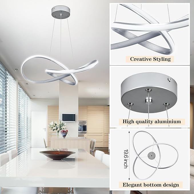 Modern LED Pendant Light Fixture Contemporary Ring Chandelier Nickel with 3000K-6000K Dimmable Remote Control and 79in Height Adjustable for Foyer Living Room Bedroom Dining Room