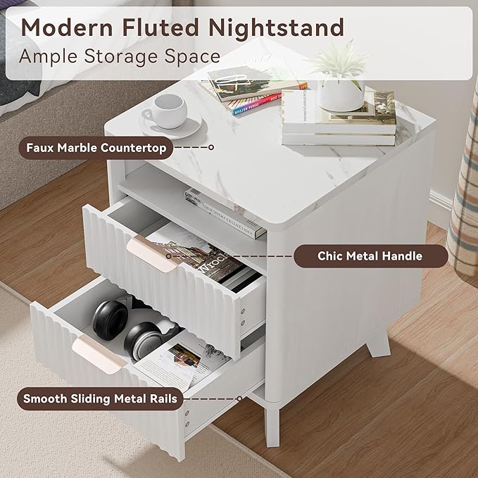 Fluted White Nightstand with 2 Drawers, 18" Modern Bed Night Stand with Faux Marble Top, Open Storage Shelf, Curved Edge Bedside Table for Bedroom, Living Room End Side Table