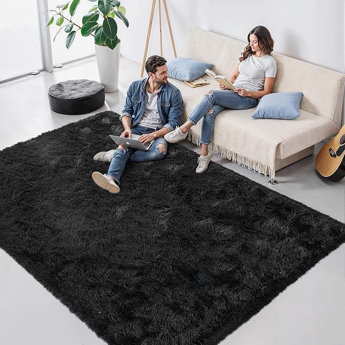 Area Rugs for Bedroom Living Room, 4x6 Soft Large Fluffy Fuzzy Shag Plush Furry Carpet, Soft Indoor Floor Mat for Kids Nursery Home Dorm Office Decor Aesthetic, Black