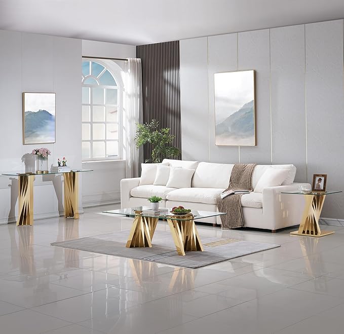 3-Piece Glass Table Set: Modern Coffee & Console Table with Stainless Steel Frames - Living Room Set