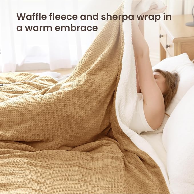 Heated Blanket Electric Blanket King Waffle, 90x100 Inches Dual Controllers Sherpa Fleece Fast Heating Blanket 6 Heating Levels & 10 Hours Auto Off ETL Certification, Apricot Orange King