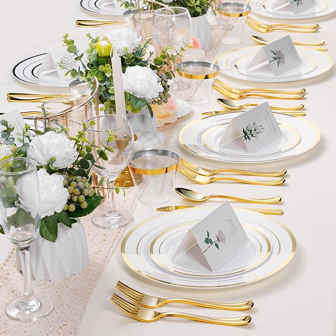100PCS White Plastic Plates for Party, 7 Inch Heavy Duty Dinner Plates with Gold Rim, Disposable Plates for Wedding and Birthday