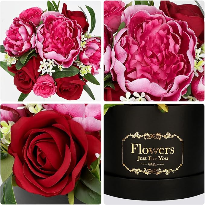 Hollyone Red Artificial Peonies Roses in Vase Round Gift Boxes with Fake Flowers Arrangements Faux Flowers Floral in Box Vase for Her Mothers' Day Valentine's Day Christmas Birthday Graduation Gift