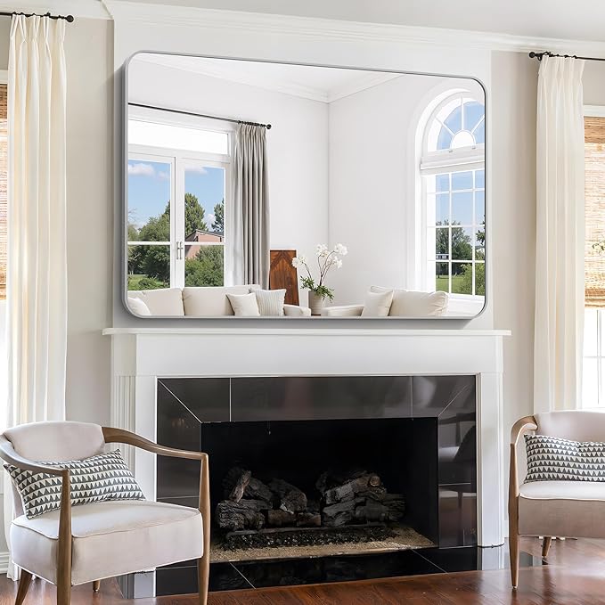 60x40 Inch Silver Bathroom Mirror, Large Rectangle Mirror, Metal Framed Rectangular Vanity Mirror, Rounded Corner Wall Mounted Mirror for Living Room Bedroom Entryway Horizontal or Vertical