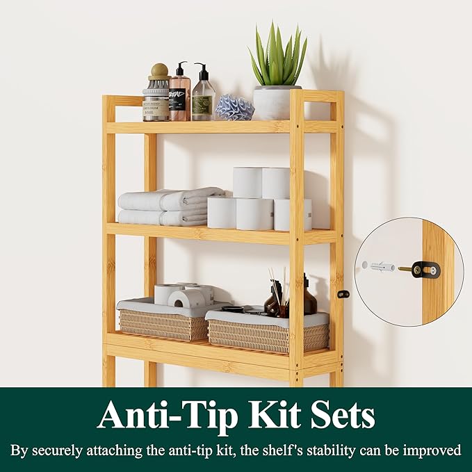 Smiry Over The Toilet Storage Cabinet, 3-Tier Bamboo Bathroom Organizers with Adjustable Shelf & 4 Hooks, Space Saving Shelf Rack for Bathrooms, Laundry Room, Balcony, Natural