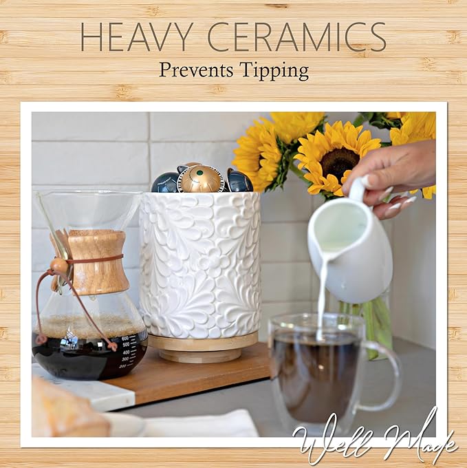 Extra Large 360° Rotating Utensil Holder for Kitchen Counter, 8.3” Cooking Utensil Holder for Countertop with Bamboo Base, White Ceramic Utensil Crock Canister for Cooking Utensils - Engraved Design