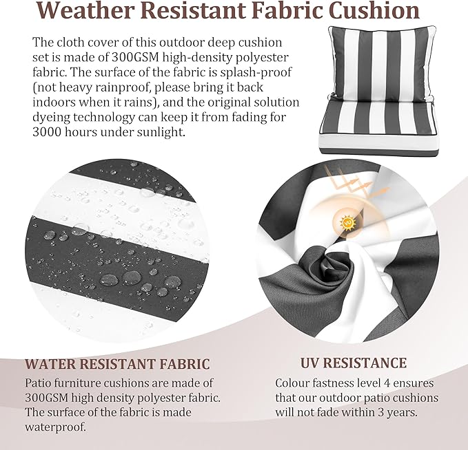 Waterproof Outdoor Chair Cushion Set of 3, 24x24x5 IN Deep Seat Patio Cushions with Fade Resistant Removable Cover,Outdoor Cushions for Patio Furniture with Ties&Handle for Chair Sofa Couch,GrayStripe