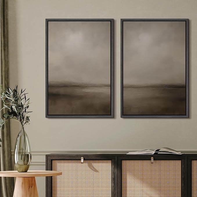 MUDECOR Framed Canvas Print Wall Art Abstract Brown and Taupe Modern Minimalist Misty Landscape Illustrations Modern Art Decorative Bohemian for Living Room, Bedroom, Office - 24"x36"x2 Black