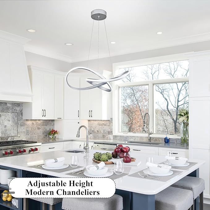 Modern LED Pendant Light Fixture Contemporary Ring Chandelier Nickel with 3000K-6000K Dimmable Remote Control and 79in Height Adjustable for Foyer Living Room Bedroom Dining Room