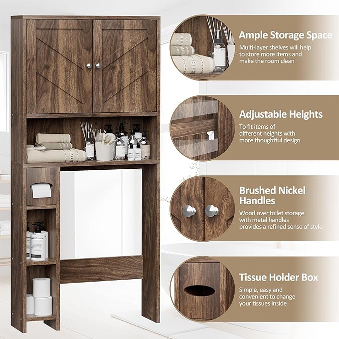 Meilocar Bathroom Over ToiletStorage Cabinet with Toilet Paper Holder Stand, Freestanding Bathroom Storage Organizer Cabinet Space Saver W/Adjustable Shelf, Walnut