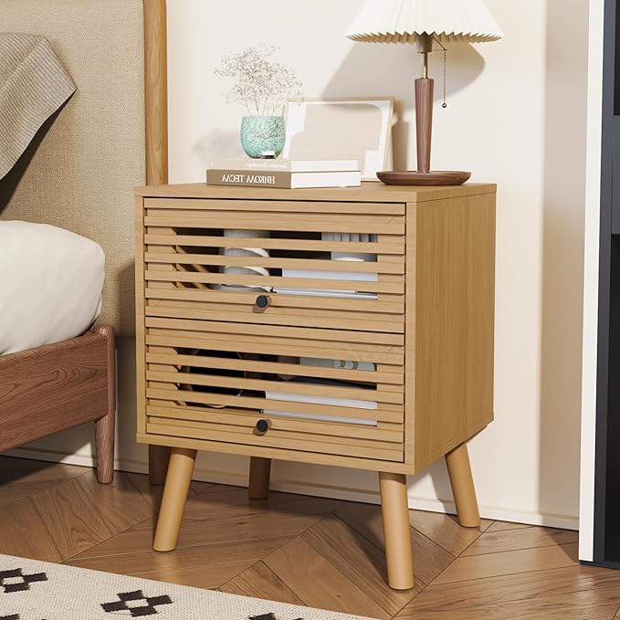 Nightstand Set of 2, Side Table, End Table, Mid Century Modern Nightstand with Hollowed Drawers, Bedside Tables, Small Nightstands with Storage for Bedroom, Living Room, Oak